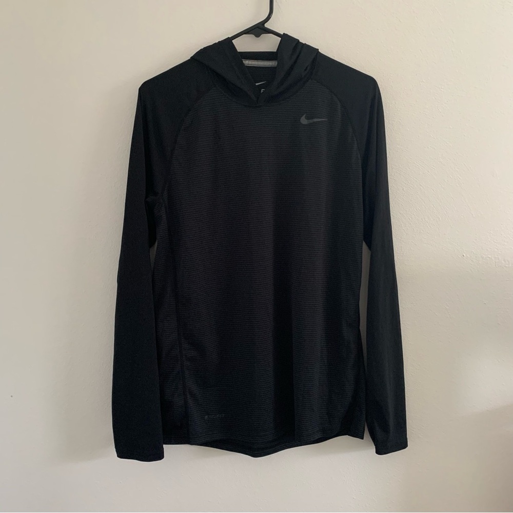 Men's medium Nike Black and Gray Striped Hooded Long Sleeve Shirt